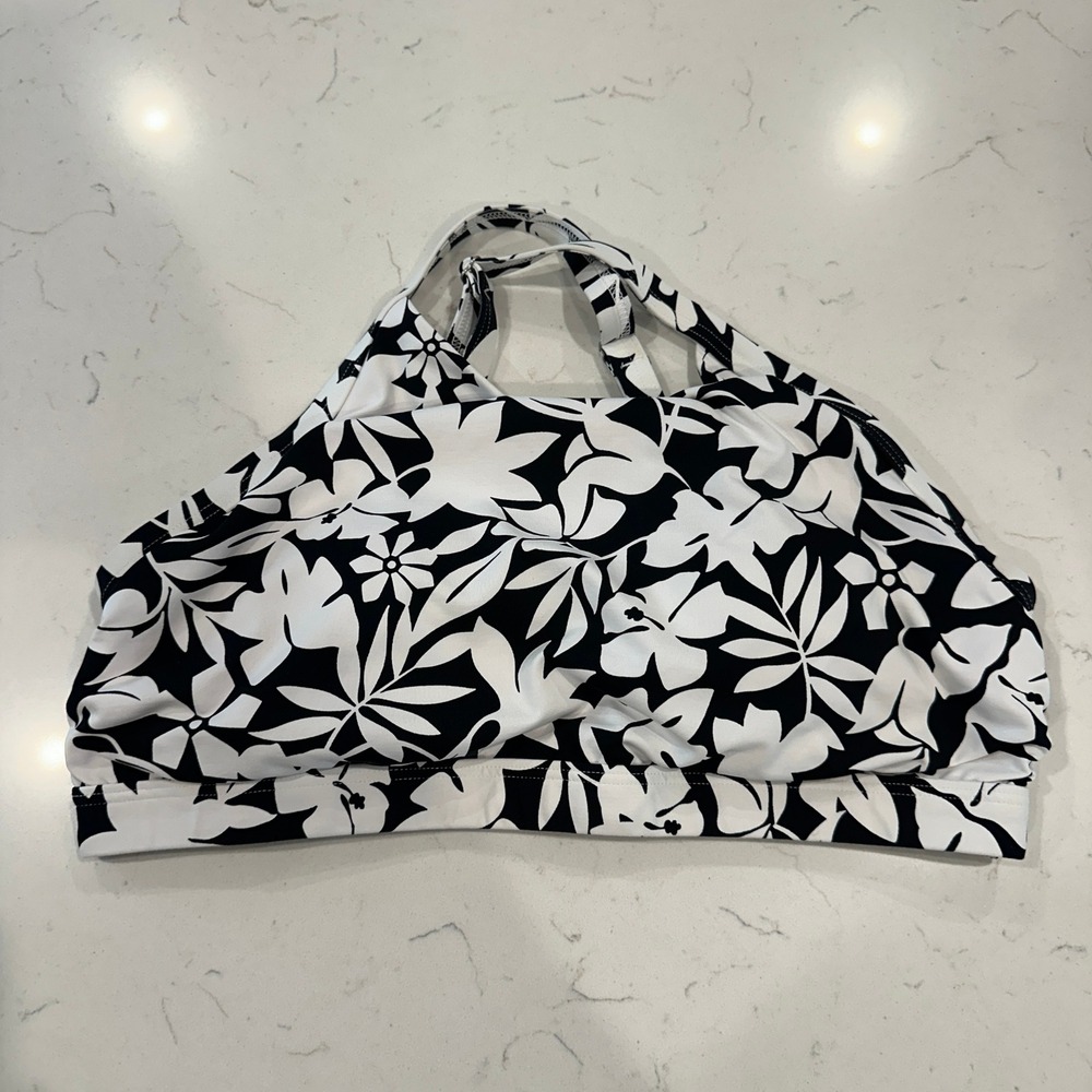 Lands End Women Black White Floral High Neck Racerback Bikini Top 10 D Padded